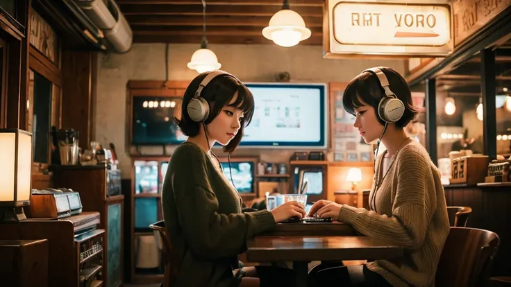 Create a nostalgic anime-style scene set in a cozy cafe. The character, wearing retro headphones, is immersed in their laptop, surrounded by vintage decor. Capture the warm, lo-fi music vibe.”
