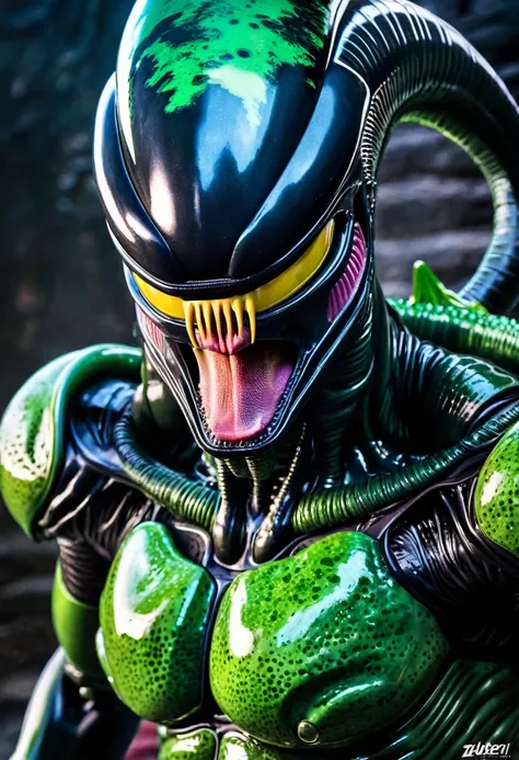 (((Extreme close-up Xenomorph Alien the eighth passenger fused with (((imperfect cell))),(((Dragon Ball Z universe))) surreal and cinematographic images Color Splash images Front Images)))