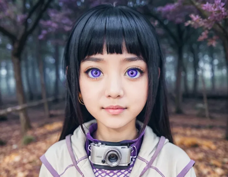 Portrait of a girl, Hinata Hyuuga, wearing a hoodie, steel headband on her neck, light purple eyes, forest background, (highly detailed face:1.4) (smile:0.7) (background inside dark, moody, private study:1.3) POV, by lee jeffries, nikon d850, film stock ph...