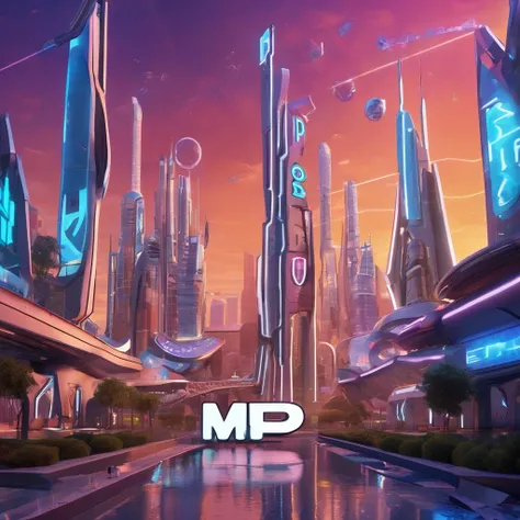 a futuristic city with the word "MP" in front of it, 3d character art, single logo, inspired by Mikoláš Aleš, by Emiliano Di Cavalcanti, magic lighting overlays, in style of niko pirosmani, tvp, season 3 (1997), app, n 2, 3d cg