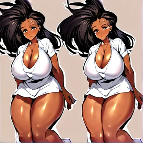 ((masterpiece)), ((best quality)), (ultra-detailed), (extremely detailed), {best illustration}, ((standing , ((big breasts)), ((huge breasts)), massive breasts, long black messy hair, african, dark-skinned female, dark skin, thick thighs, kind face, tired ...