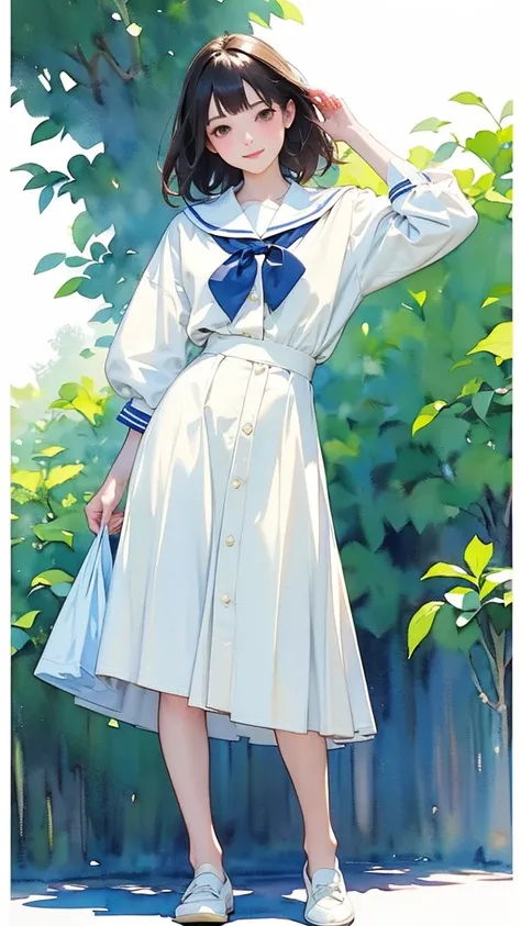 (1 Girl、alone、whole body、natural standing posture)、(Standing casually)、(whole body:1.4)、(whole bodyショーケース)、(whole bodyを見せる)、((Character Concept Art))、(Portraiture:1.2)、(Detailed facial depiction、A kind smile)、Short dark brown hair、White Sailor Suit、Navy bl...