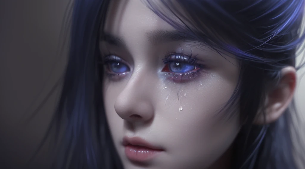 A young girl with long black hair band, vibrant blue and purple hair, wearing a dark navy dress that exposes her shoulders, tears streaming down her face as she looks up to the right, hands outstretched in a pleading gesture, side profile, crying, sorrowfu...