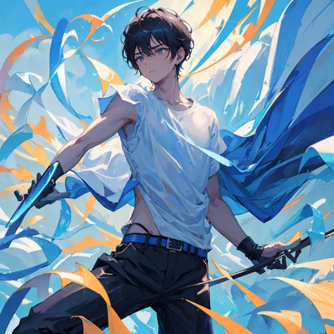 A boy holding two swords，High-spirited，Black short hair，Cold，Handsome，((Pure blue background))