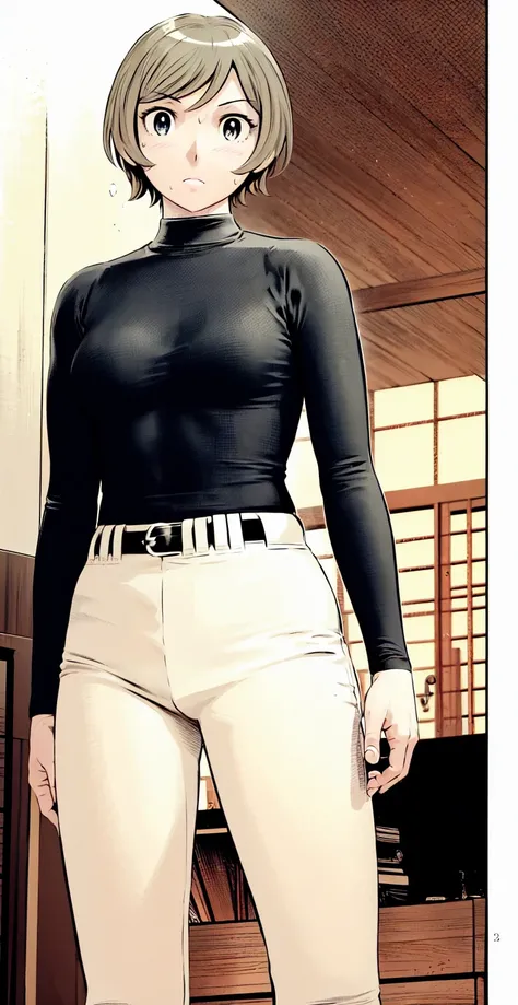 (野球uniform:1.2),
Blonde Hair, (short hair:1.2),Long sleeve, Black Shirt, turtleneck,White trousers、uniform、Black belt、((Illustration of people))、Big Boobs、
View Audience,, (Highest quality:1.3),One Girl, White pants、uniform、indoor、baseball 、White wall、blue...