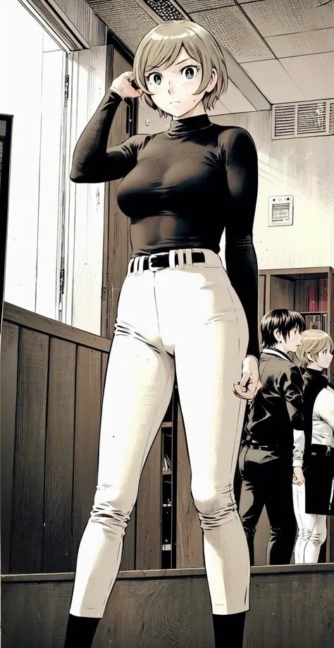 (野球uniform:1.2),
Blonde Hair, (short hair:1.2),Long sleeve, Black Shirt, turtleneck,White trousers、uniform、Black belt、((Illustration of people))、Big Boobs、
View Audience,, (Highest quality:1.3),One Girl, White pants、uniform、indoor、baseball 、White wall、blue...