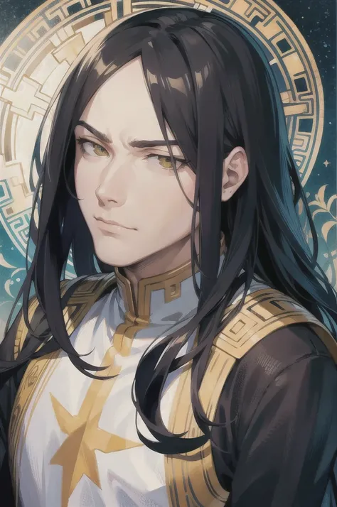 face portrait of a my hero academia custom male character  , long straight hair, black hair , UA highschool backround, Decorative panels, by Alphonse Mucha
(Masterpiece, Best Quality, Highres:1.4), Detailed, Intricate Details, 4K, line art