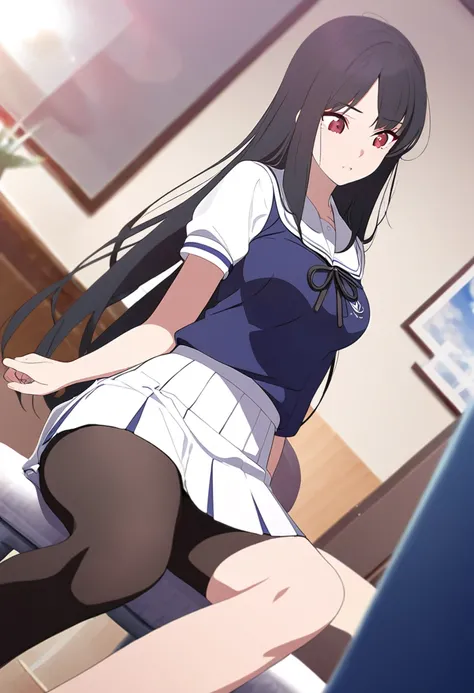 (One tall woman,Black Hair,Long hair,Red Eyes,Dynamic Angle,Slightly larger breasts,Slightly wider thighs)Woman sitting on chair,Summer uniform sailor,Black ribbon,Short skirt,Black long tights,The background is the living room