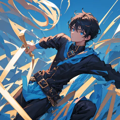 A boy holding two swords，High-spirited，Black short hair，Cold，Handsome，((Pure blue background))