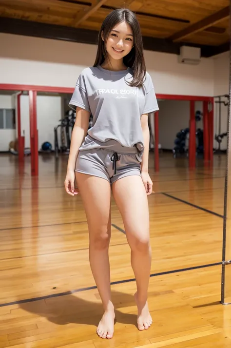 A girl, 18yo, cute smile girl, ((thin body,oversized T-shirt)), (gray tracksuit bottoms), (((thick legs))), medium, in wooden floor school gym, half open mouth, (standing, view from front), full body shot, (barefoot)
