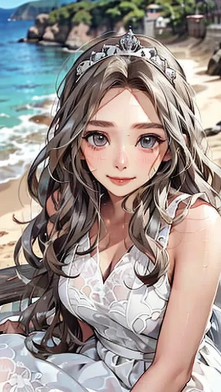 highest quality、realistic、zoom、chestnut hair、gray eyes、silver hair、wedding dress、tiara、sunburned、tan、brown skin、sweat、smile、、oce...