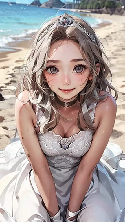 highest quality、realistic、zoom、chestnut hair、gray eyes、silver hair、wedding dress、tiara、sunburned、tan、brown skin、sweat、smile、、oce...