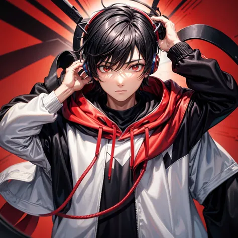 One Black hair boy,Anime,black and red hoodie, light background, headphones on head