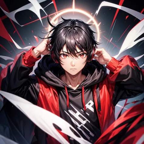 One Black hair boy,Anime,black and red hoodie, light background, headphones on head