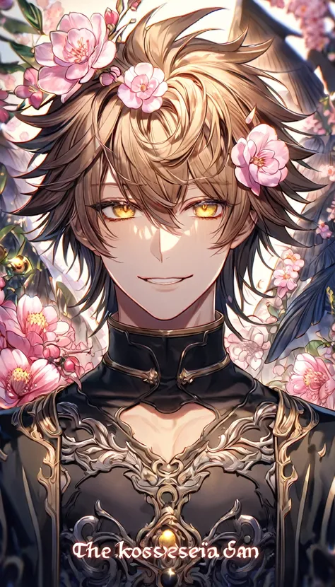 Ultra detailed, highres, absurdres, HDR, master piece, Yuden, black messy hair, expressive yellow eyes, Demon Fantasy, pink petals, pink flowers, black coat, sexy man, solo, best quality, blossoms, blue shining fireflies, handsome smile, golden trimmings, ...