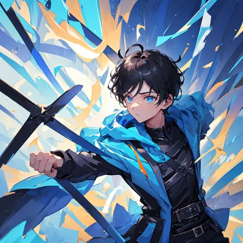 A boy holding two swords，High-spirited，Black short hair，Cold，Handsome，((Pure blue background))