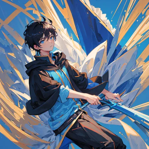 A boy holding two swords，High-spirited，Black short hair，Cold，Handsome，((Pure blue background))