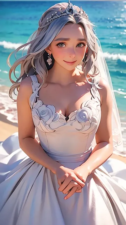 highest quality、realistic、zoom、chestnut hair、gray eyes、silver hair、wedding dress、tiara、sunburned、tan、brown skin、sweat、smile、、oce...