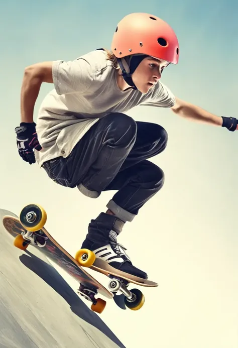 skateboarder all prepared with helmet, knee pads and skateboard, jumping, close-up, photographic quality, detailed, neutral background, digital art,