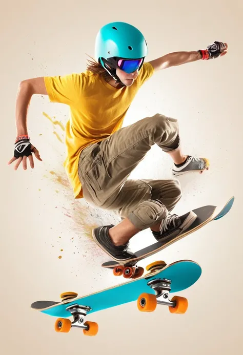 skateboarder all prepared with helmet, knee pads and skateboard, jumping, close-up, photographic quality, detailed, neutral background, digital art,