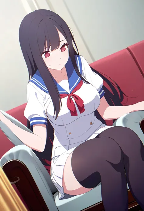 (One tall woman,Black Hair,Long hair,Red Eyes,Dynamic Angle,Slightly larger breasts,Slightly wider thighs)Woman sitting on chair,Summer uniform sailor,Short skirt,Black long tights,The background is the living room