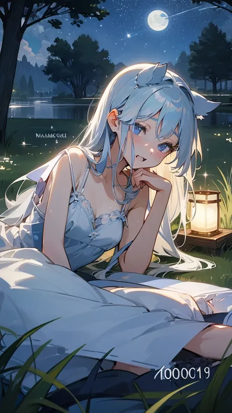 beautiful girl、anime、Bare Skin、Lie down and sleep(1:3)、Lakeside、Tree roots、On the grass、Starry Sky、breeze、Hot body、Silver Hair、Ears sticking out from long hair、Clear eyelashes、Double teeth、lingerie、moonlight、Transparency