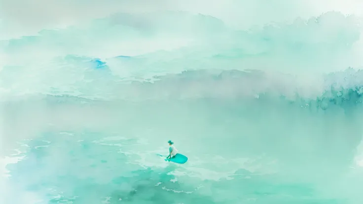 there is a picture of a watercolor painting of a person on a surfboard, flat water color texture, watercolor background, teal landscape, watercolor texture, muted water color, digital watercolor, cyan mist, textured turquoise background, watercolor-wash, w...