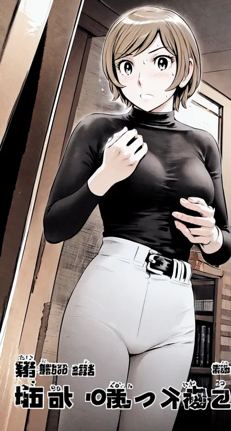 (野球uniform:1.2),
Blonde Hair, (short hair:1.2),Long sleeve, Black Shirt, turtleneck,White trousers、uniform、Black belt、((Illustration of people))、Big Boobs、
View Audience,, (Highest quality:1.3),One Girl, White pants、uniform、indoor、baseball 、White wall、blue...