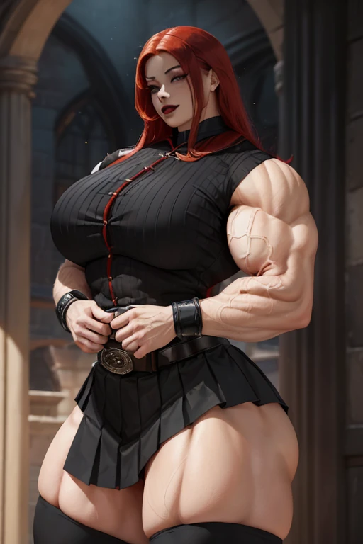 ((((Massive tall, beautiful, buff, pale white skinned muscular asian woman with red hair, black lipstick, ginormous bulky muscles and wearing a red pleated shirt with beautiful long pleated skirt)))), (close view), (massive muscles), long hair, ((chained b...