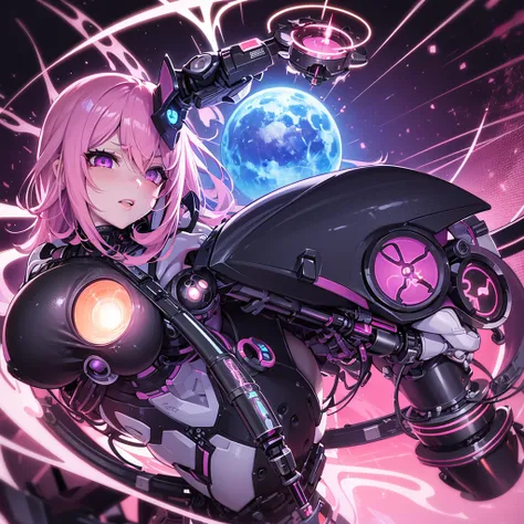 Sexy mechanical girl with prosthetics, cybernetic prostheses with elements of flesh, long pink hair, violet eyes, mechanical exoskeleton, android robot, big hips, large bust open cleavage, panties seen, anime style background, spaceship, black and orange s...