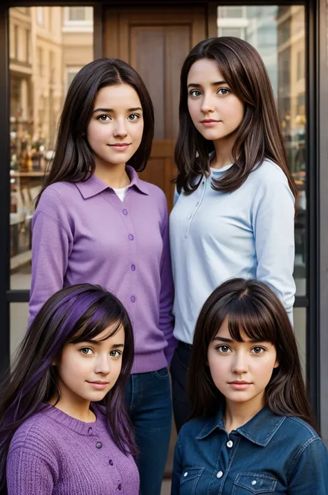 Create in a photo in Pixar mode Two girls, one with brown hair and one with black hair with purple