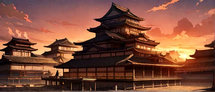 masterpiece, sunset, ancient japan city, sakura flower in front