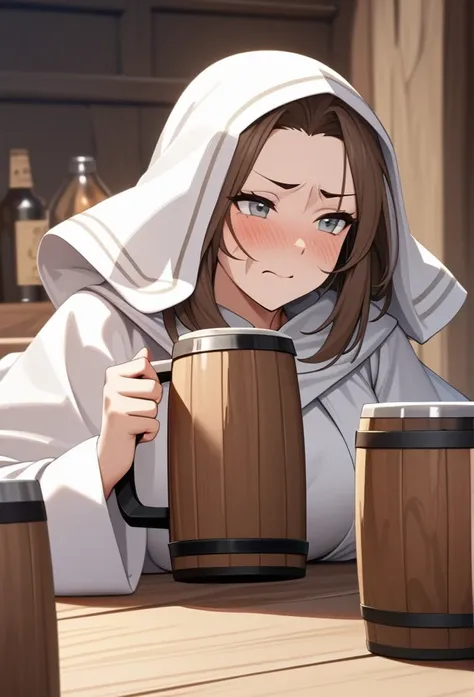 Adult Female, very short brown hair, grey eyes, scar on left cheek, drunk, white on white cleric robes, fantasy tavern, drinking from tankard, not looking, far away, repressed sadness, supressed emotions, highly detailed, extreme detail, high quality, perf...