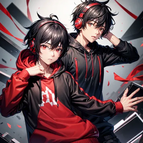 1 Black hair boy,Anime,black and red hoodie, headphones on head