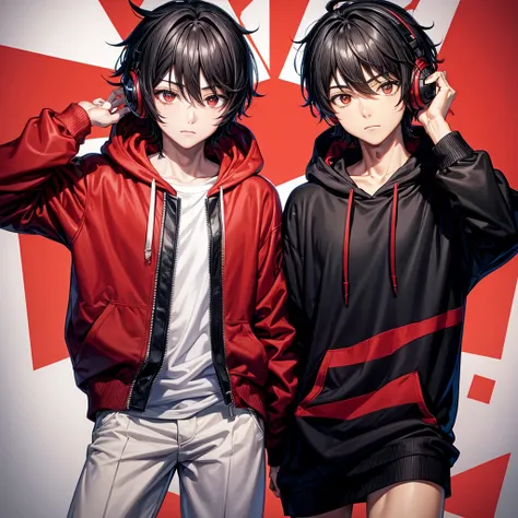 1 Black hair boy,Anime,black and red hoodie, headphones on head