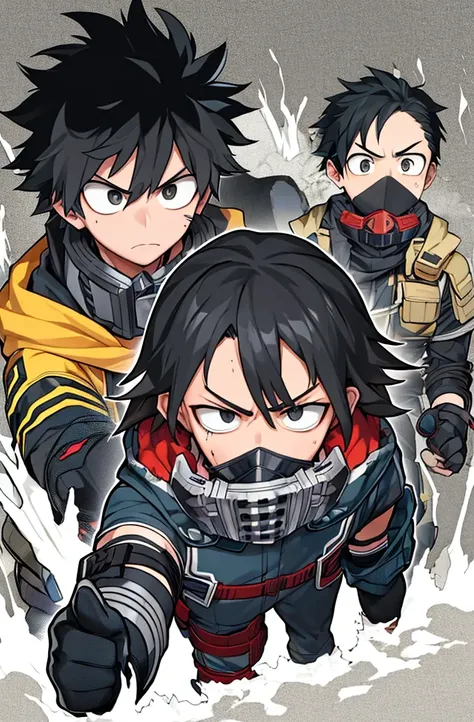 horikoshi kouhei, 1boy, boku no hero academia, wavy hair, dirty, dirty face, elbow gloves, eyebrows, furrowed brow, gloves, black eyes, black hair, looking at viewer, mask, mouth mask, official art, pale skin, serious, long hair