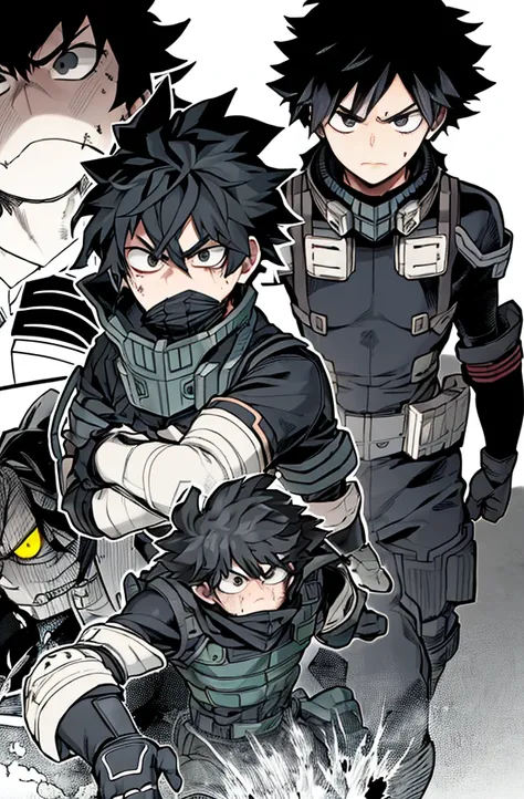 horikoshi kouhei, 1boy, boku no hero academia, wavy hair, dirty, dirty face, elbow gloves, eyebrows, furrowed brow, gloves, black eyes, black hair, looking at viewer, mask, mouth mask, official art, pale skin, serious, long hair