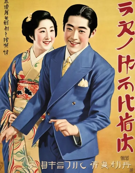 highest quality、masterpiece、japanese posters from the 1930s、retro image、one young geisha、a japanese man in a suit、dancing ballro...