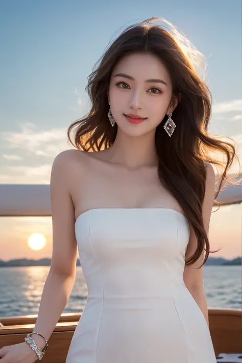 White skin, aqua eyes, (((precise))), (((Very detailed))), A girl, On the deck of a luxury yacht, The sun shines on the sea, Sparkling。, Stand slightly sideways, Confident posture。, Lips up, With a calm smile, The eyes have a hint of charm, Long wavy hair,...