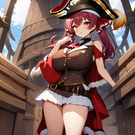 houshou marine,1girl,solo,Only the right eye is yellow,Super huge breasts,looking at viewer,near,standing up,in Big pirate ship