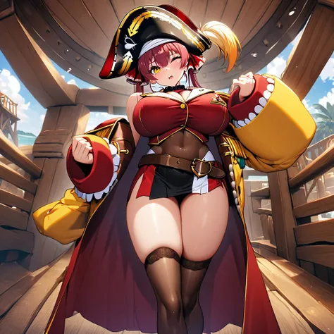 houshou marine,1girl,solo,Only the right eye is yellow,Super huge breasts,looking at viewer,near,standing up,in Big pirate ship