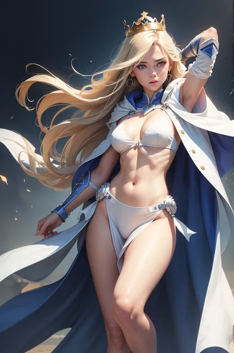 (Artwork, high quality, best quality:1.3),
bow, (blonde hair:1.1), (blue eyes:1.2), (hair between the eyes:1.1), nail polish, (crown:1.2), earrings, white bikini, standing showing the whole body, gray background, with pose sensual, a white superhero cape, ...