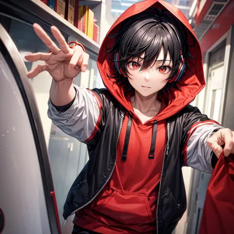 Black hair boy,Anime,red hoodie, headphones on head