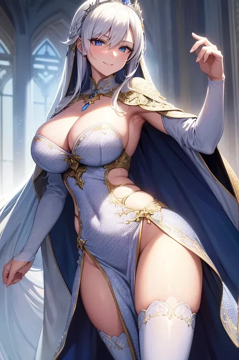 milf, 30 years old, (highres, masterpiece:1.2), white hair, robe, blue robe, (large breasts), thick thighs, standing, pelvic curtain, tiara, thighhighs, v-neck, strapless dress, blue eyes, expressionless, long hair, (layered dress, elaborate clothing, deta...