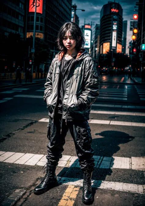 Photography, aerial view, professional model, standing on massive a complicated crosswalk center inspired by Shibuya scramble, stare into the camera, wearing black washing safari long jacket with black hoodie, black cargo pants, dark grey boots, realistic ...