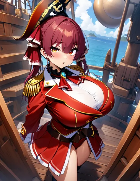 houshou marine,1girl,solo,Only the right eye is yellow,Super huge breasts,looking at viewer,near,standing up,in Big pirate ship