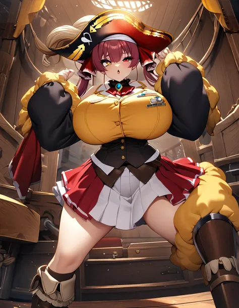 houshou marine,1girl,solo,Only the right eye is yellow,Super huge breasts,looking at viewer,near,standing up,in Big pirate ship