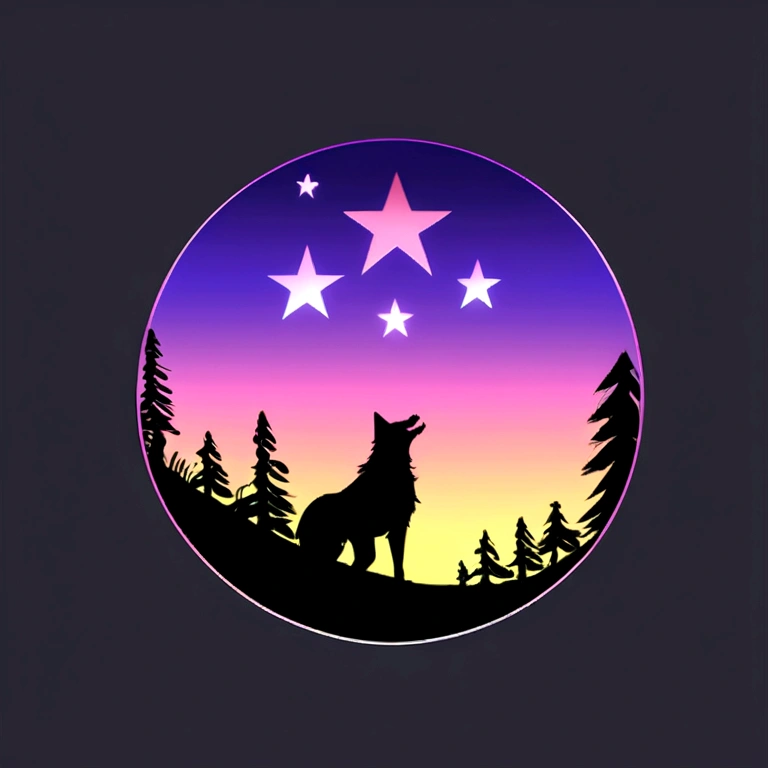 (( Simple logo design with gradient effect)), (vector art), (design minimalista), (gradient effect), Do it in a style like hand-drawn drawing. (The logo is a simple depiction of a wolf on top of a mountain with its head held high looking up at three stars ...