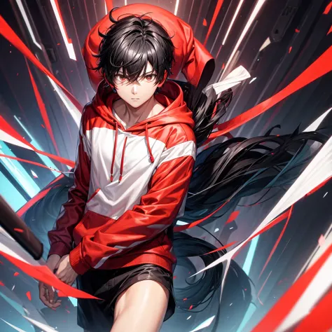 Black haired boy,Anime,red hoodie, headphones on head