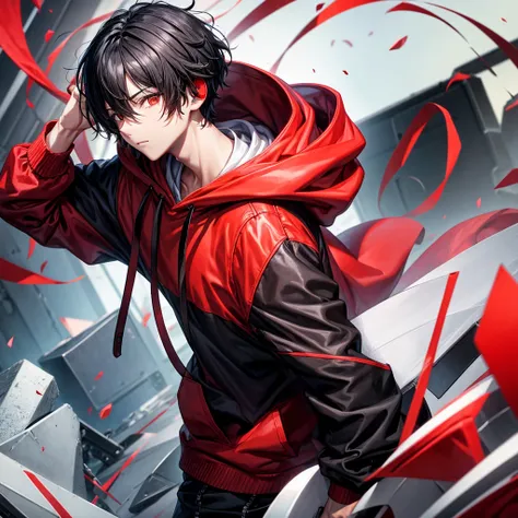 Black haired boy,Anime,red hoodie, headphones on head